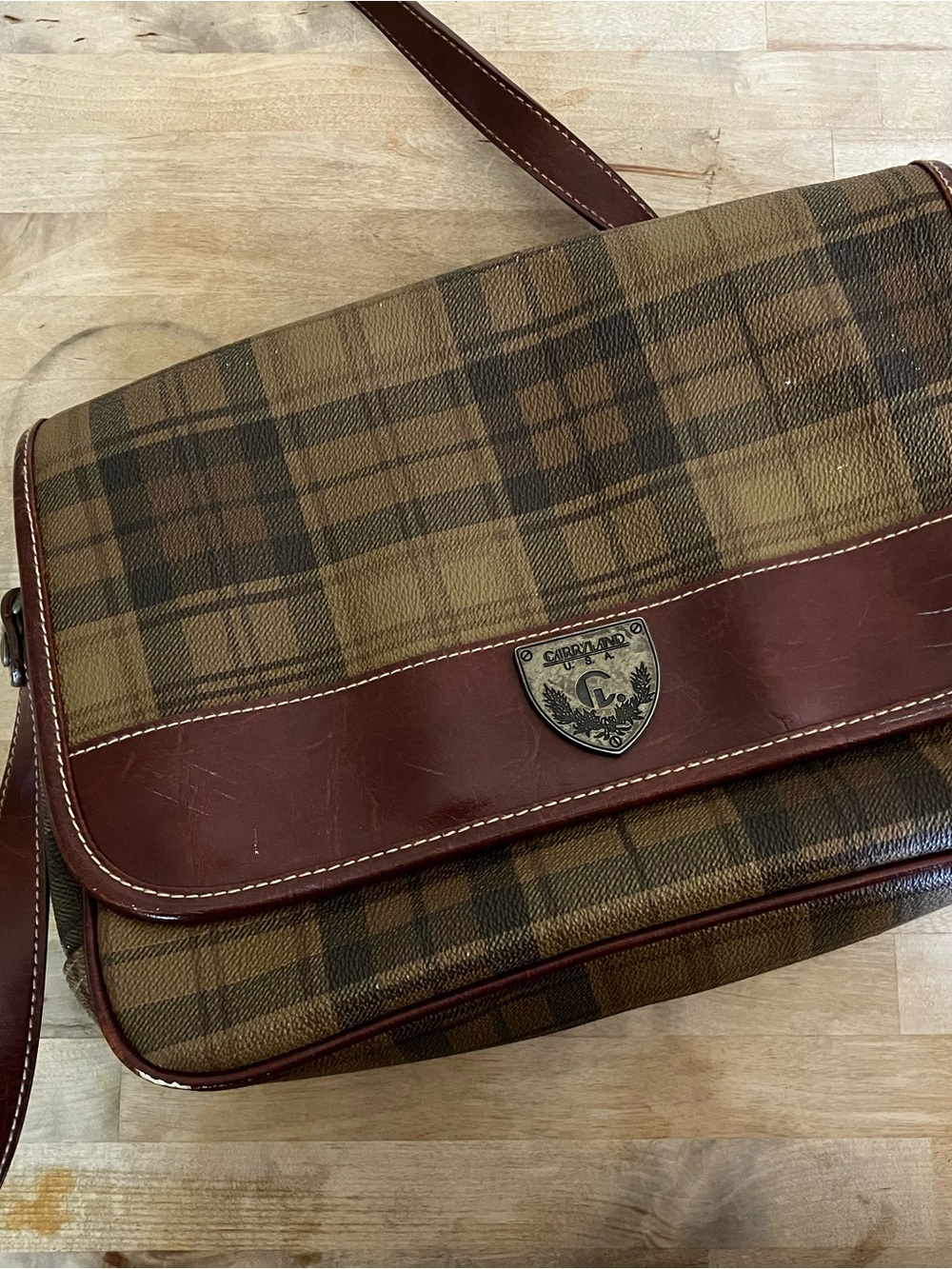 Brown Plaid Crossbody Messenger Bag Vintage Cary Land